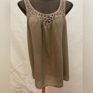 Vintage Small Mudd taupe tan sleeveless solid crochet yolk top tank top shirt